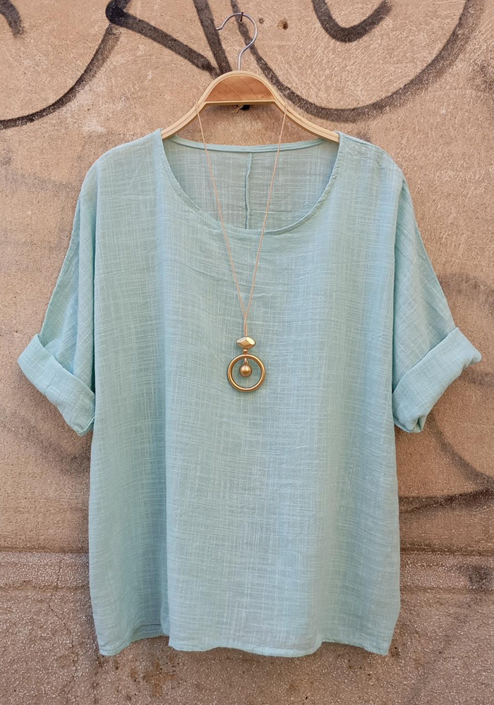 Oversized μέντα μπλούζα με στρογγυλή λαιμόκοψη και μανίκια με ρεβέρ