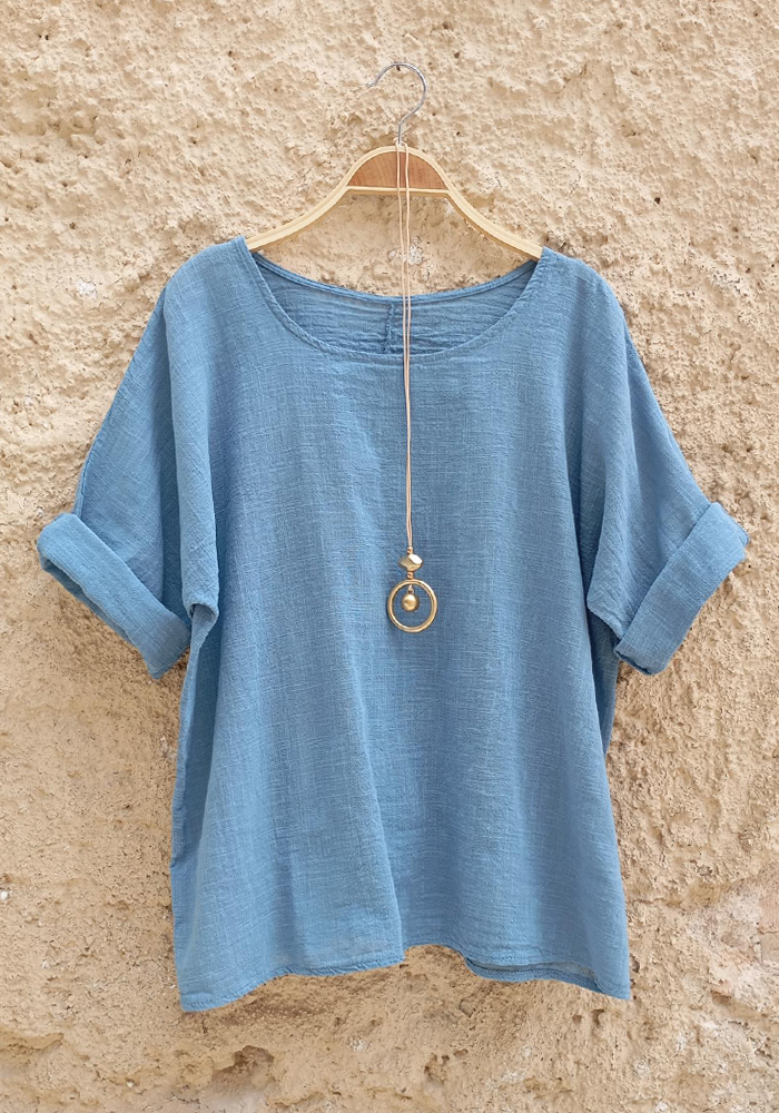 Oversized μπλε ραφ μπλούζα με στρογγυλή λαιμόκοψη και μανίκια με ρεβέρ