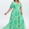 Plus size μάξι φόρεμα με watercolor print, V ντεκολτέ και αέρινα μανίκια σε πράσινο lime αποχρώσεις