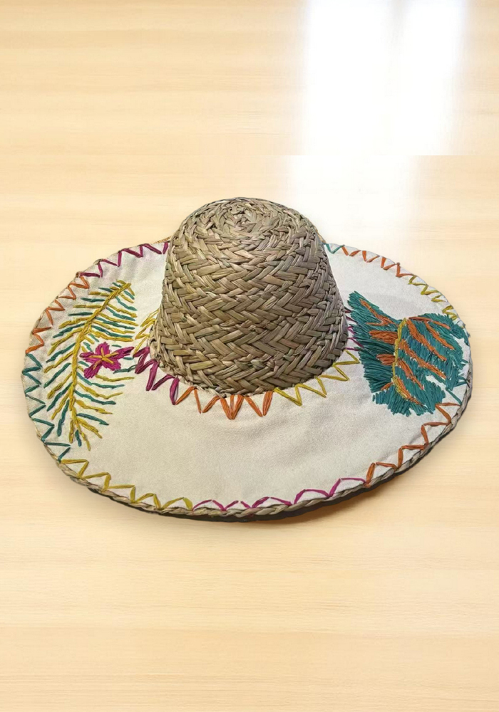 Ψάθινο καπέλο με πολύχρωμο χειροποίητο κέντημα και φαρδύ γείσο