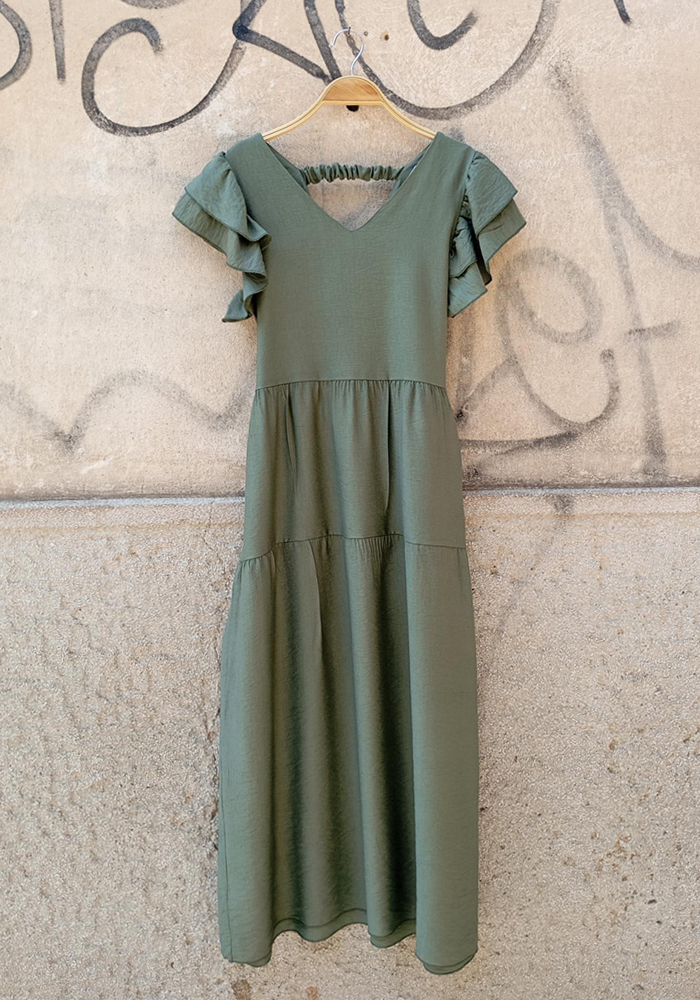 Χακί maxi φόρεμα με βολάν και κουμπιά στην πλάτη