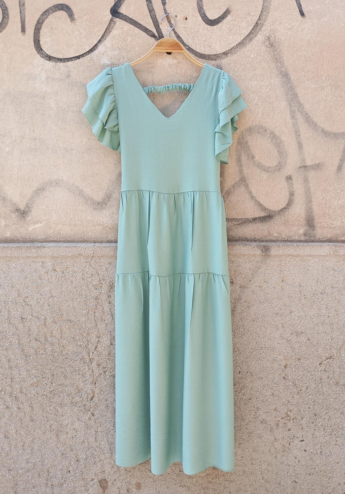 Μέντα maxi φόρεμα με βολάν και κουμπιά στην πλάτη