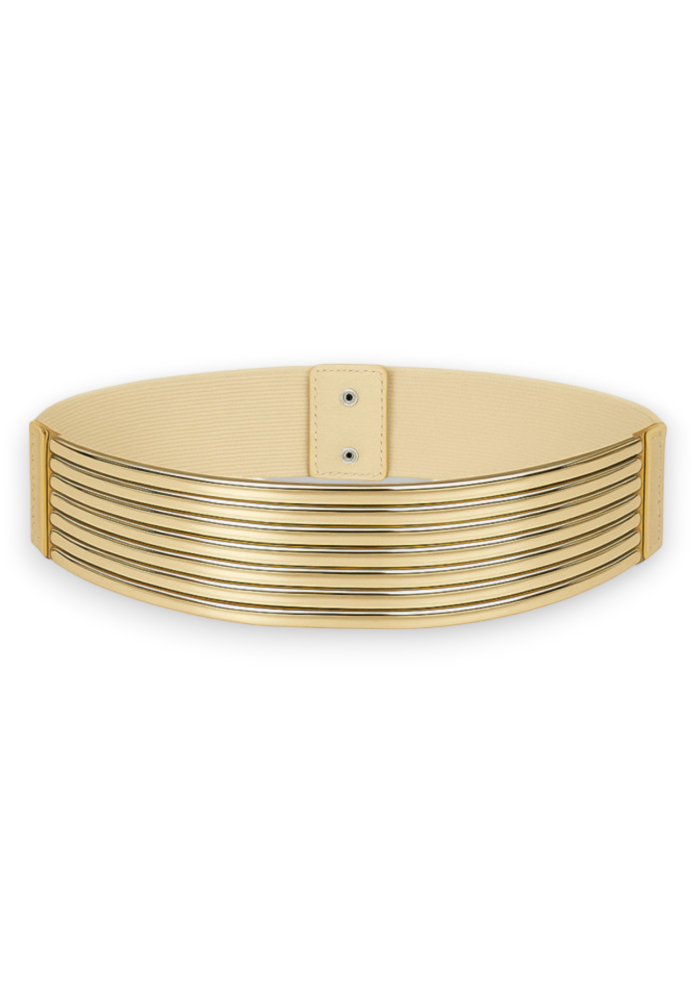 Χρυσή γυναικεία ζώνη με ριγέ μεταλλικό μπροστινό και ελαστική πλάτη, 5εκ.