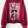Μπορντό oversized γυναικείο φούτερ με animal print “Luxe Bunny” και μακριά μανίκια