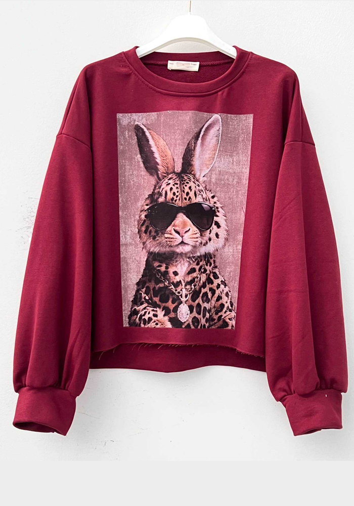 Μπορντό oversized γυναικείο φούτερ με animal print “Luxe Bunny” και μακριά μανίκια